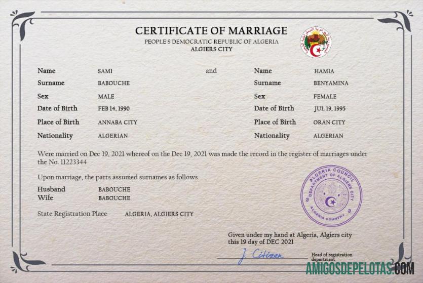 Em branco modelo PSD de certidão de casamento da Argélia